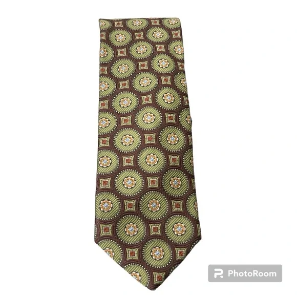 Peter Millar 100% Silk Hand Folded Green Brown Circle Geometric Print Mens Tie - Picture 1 of 11